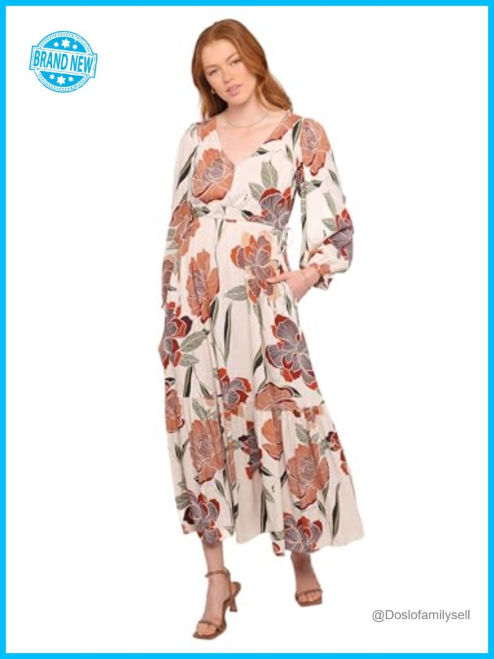 Petal & Pup Cerwin Midi Dress Long Sleeve V-Neck A-Line Floral